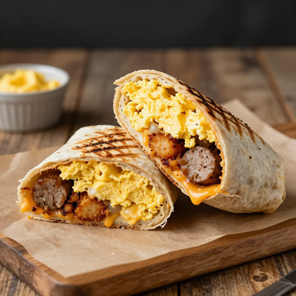 Tim Hortons Farmer's Wrap with egg, sausage, hash brown and cheese
