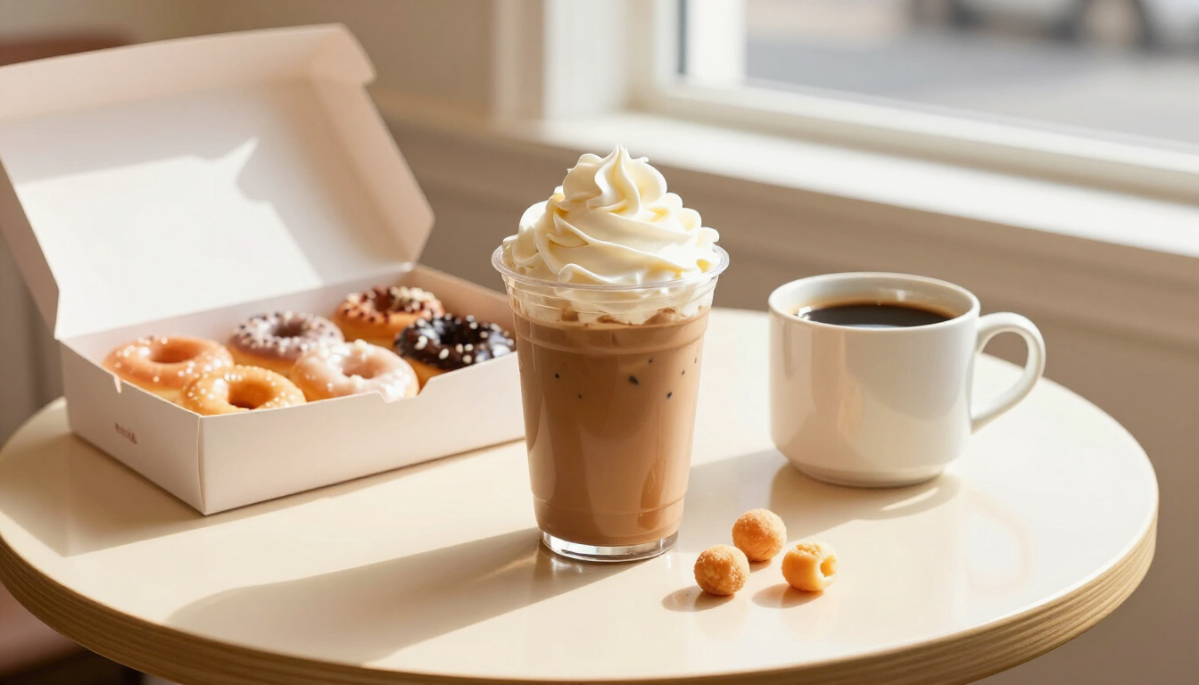 Tim Hortons-style coffee, iced capp and a box of donuts on a warm cafe table